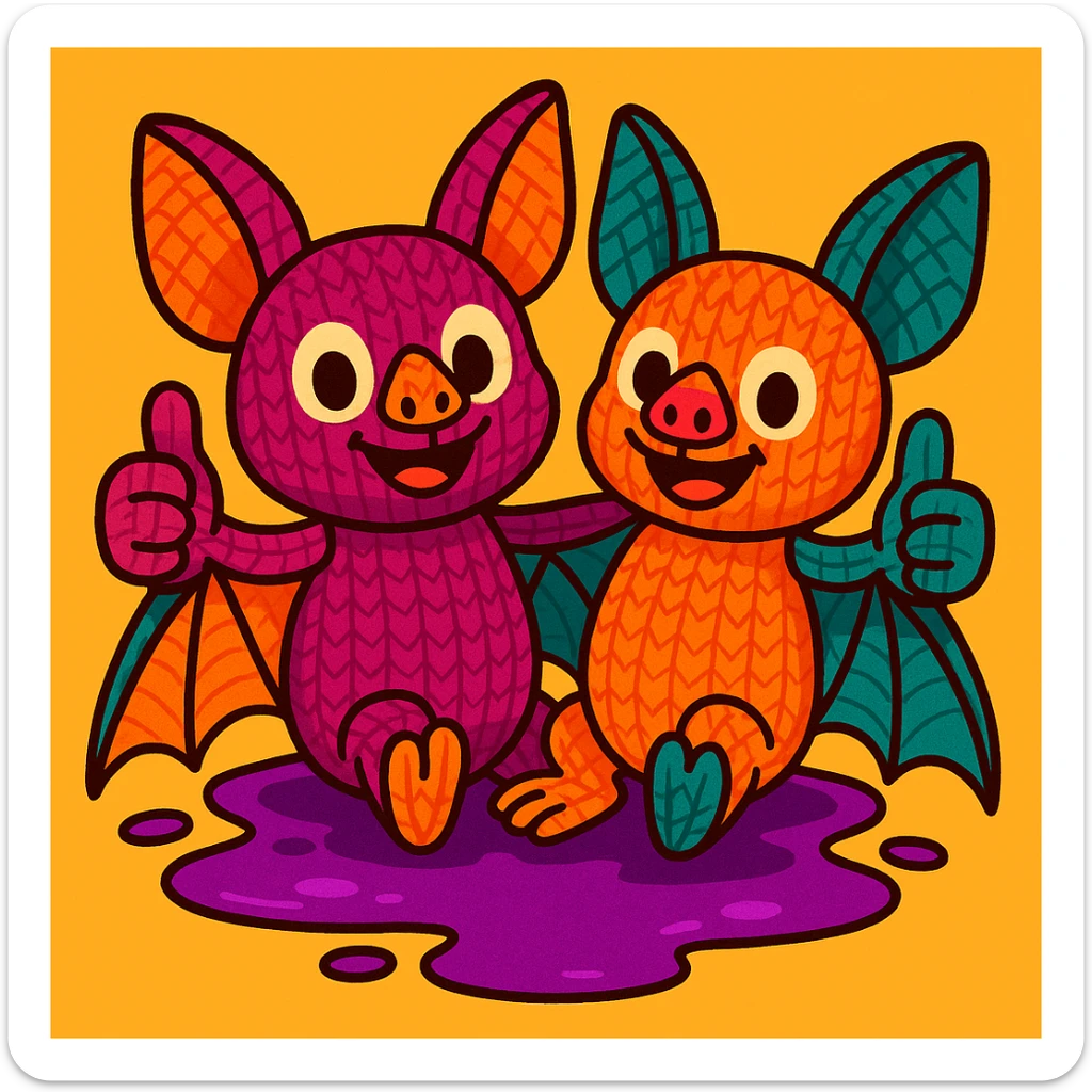 two knitted toy fruit bats giving a thumbs-up, sitting in a puddle of purple liquid, vibrant toon style sticker