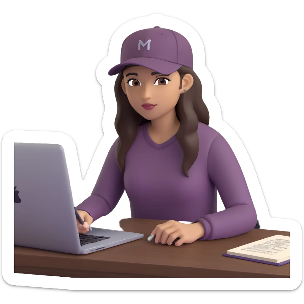 young woman with olive skin and long, dark brown hair, wearing a long-sleeved dark mauve shirt. She is wearing a black baseball cap.. She's sitting at a sleek wooden desk with a hardcover book, and to her right is a white coffee mug, while she looks and types on a silver MacBook.  sticker
