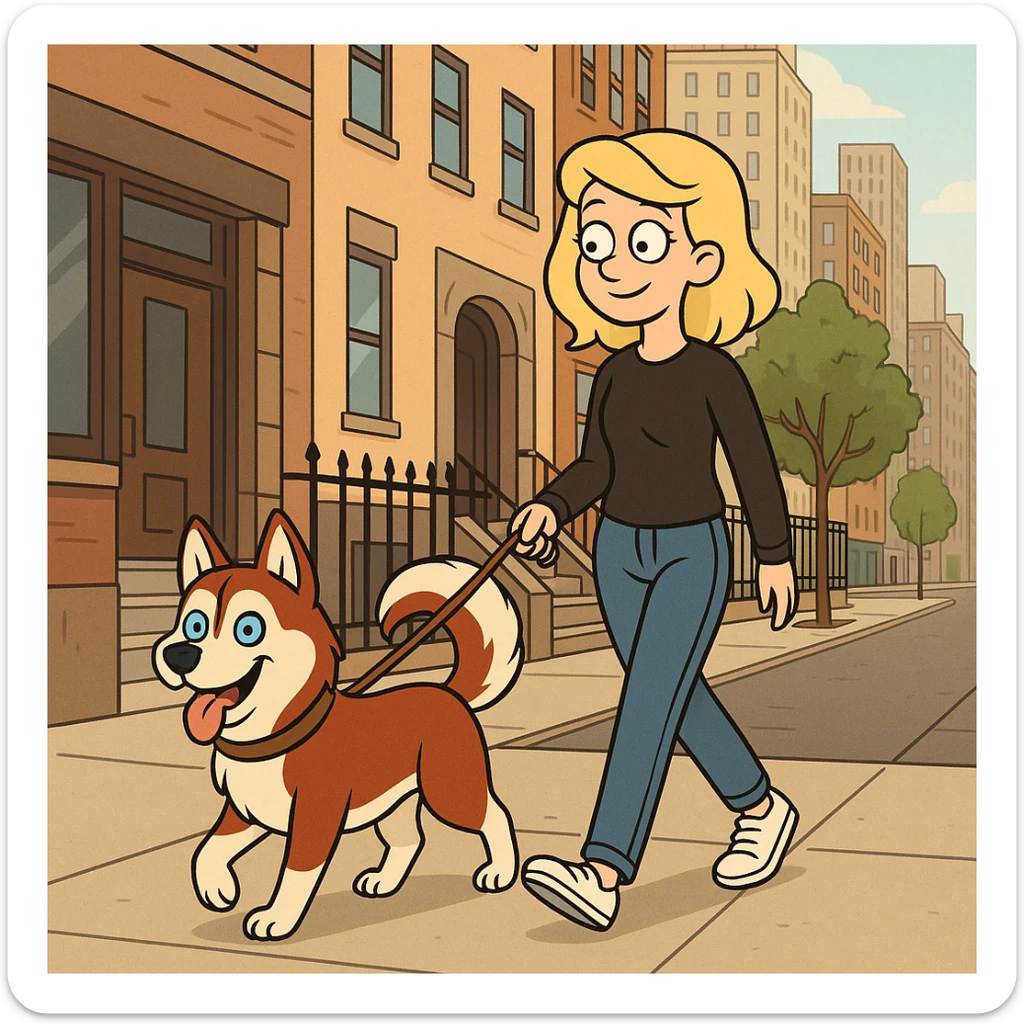 Cute Blonde woman wearing a black sweater and jeans and white sneakers walking a happy red-brown blue-eyed Siberian husky in New York City on an upper east side city sidewalk  sticker