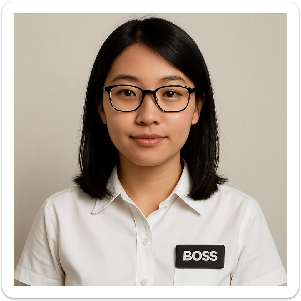 Asian girl wearing glasses, white shirt with a visible boss's work tag, neutral background, clean and simple style sticker