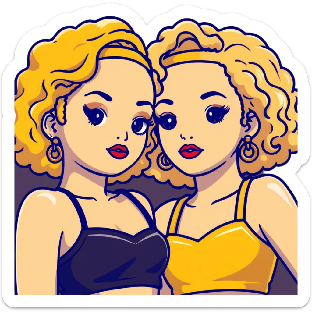 Two teenage girls together, one blonde and one with curly brown hair, both with heavy makeup, big lips, crop tops, gold jewelry and flashy choni style outfits sticker