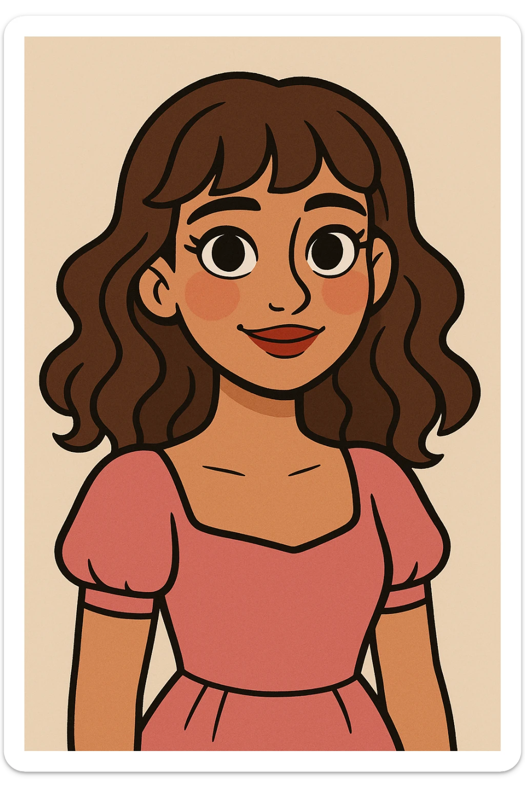 A pretty girl with medium skin, rosy cheeks, big dark hazel eyes, long lashes, wavy brown hair with bangs, soft nose, natural red lips, feminine features, in a pink dress, in a gentle cartoon style. sticker