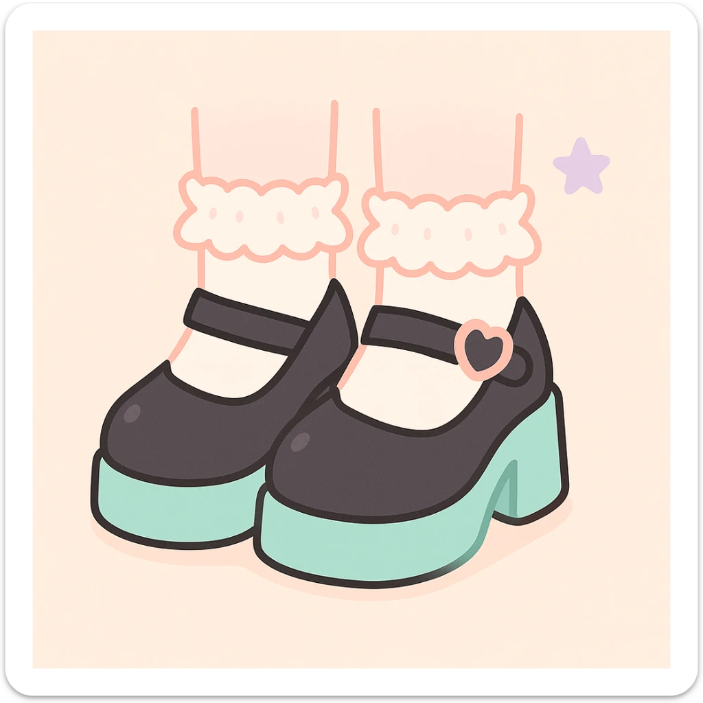Add cute frilly pastel socks to the BLACKPINK-inspired gothic shoes with pastel peach accents, keep them kawaii style, no hearts. sticker