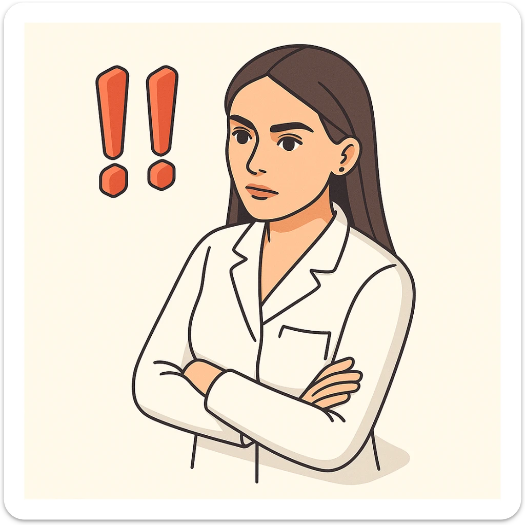 Edit the image to depict a female doctor with dark long straight hair and detailed brown eyes (not just dots). She should wear a white coat, be in a neutral serious pose, with a minimalist background. Include two exclamation marks next to her. Style: 2D isometric. sticker
