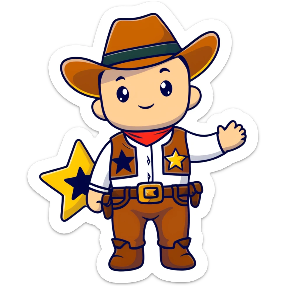 A cartoon stuffed baby cowboy toy with star-shaped patches and a little sheriff badge sticker