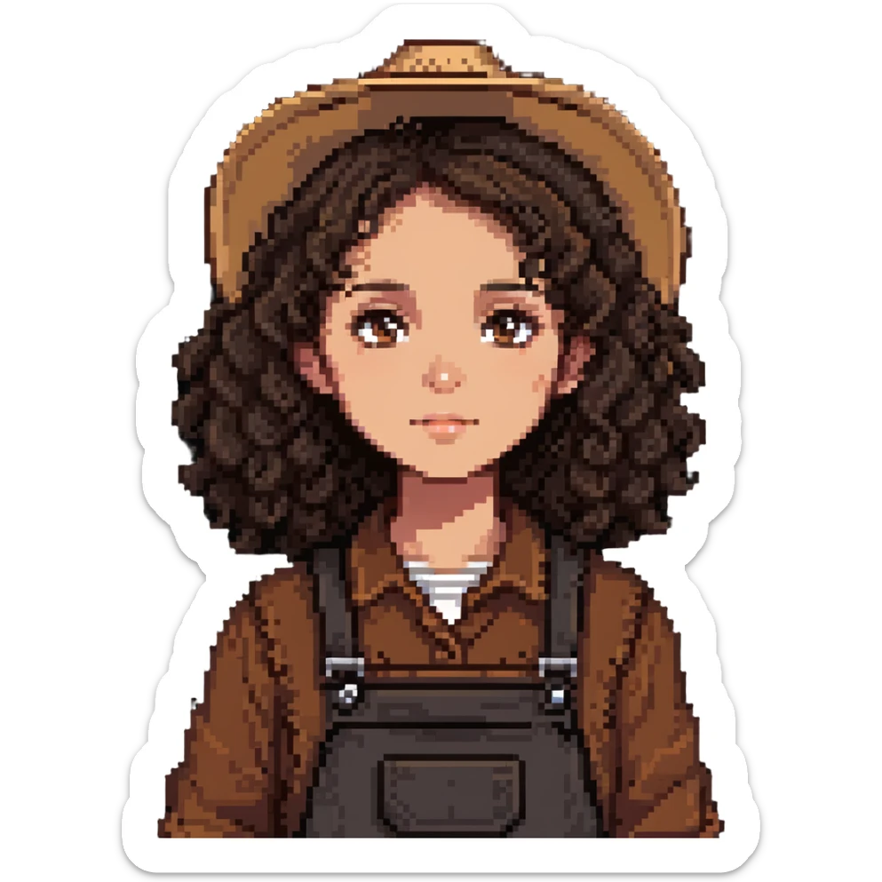 white girl with dark brown curly hair, brown eyes, wearing farm clothes sticker