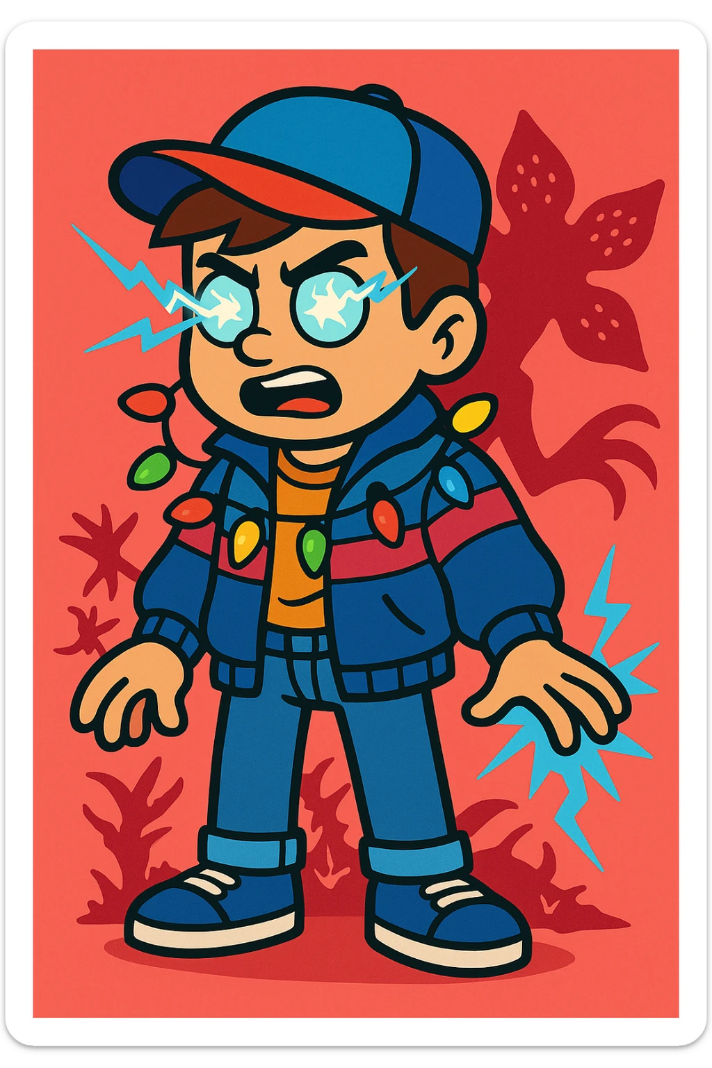 Stranger Things inspired character in vibrant toon style, wearing 80s clothing with supernatural effects, Christmas lights, and Demogorgon hints, variation 2. sticker