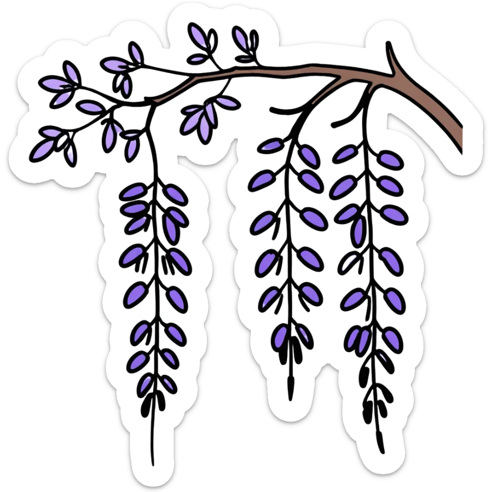 Artistic Japanese wisteria (fuji) flower with sumi-e inspired brush strokes, hanging lavender bloom clusters, zen minimalist aesthetic with subtle ink wash background sticker