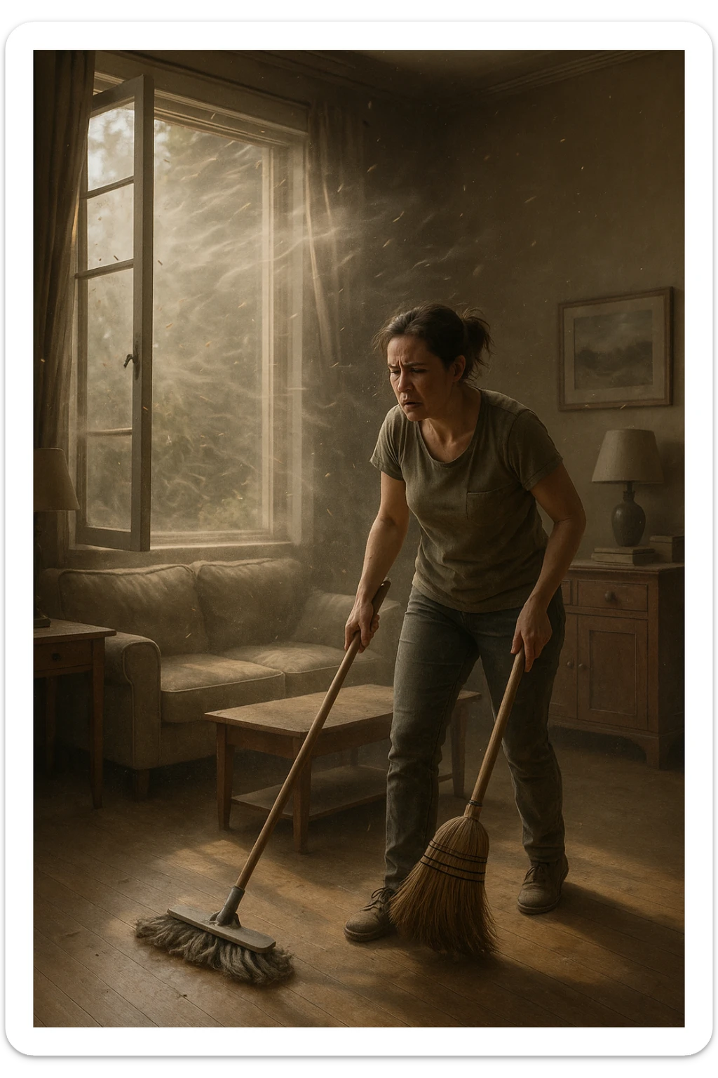 A realistic, cinematic image of a person cleaning a living room with a mop and broom, windows wide open letting in a strong gust of wind. Through the open windows, thick clouds of dust, pollen, and small debris visibly swirl into the room, floating in sunbeams that highlight the particles in the air. The person looks frustrated and tired, mid-action sweeping but clearly battling the incoming dust. Around the room, some furniture and surfaces already show a thin layer of dust settling. The scene is bathed in natural daylight with a slightly hazy atmosphere due to the airborne dust. The color palette uses warm, muted tones emphasizing the contrast between cleanliness efforts and the stubborn dirt and dust invading the space. The focus is on the tension between trying to clean and the unavoidable mess coming in from outside. sticker
