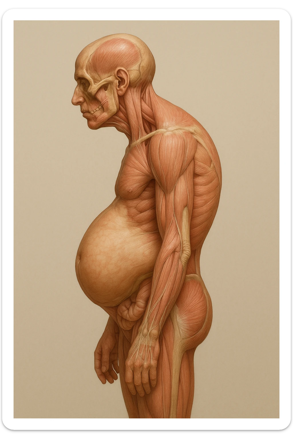 corpo UMANO ANATOMICO di profilo con spalle chiuse in avanti e pancia sporgente, postura errata, iperrealistico 4k sticker