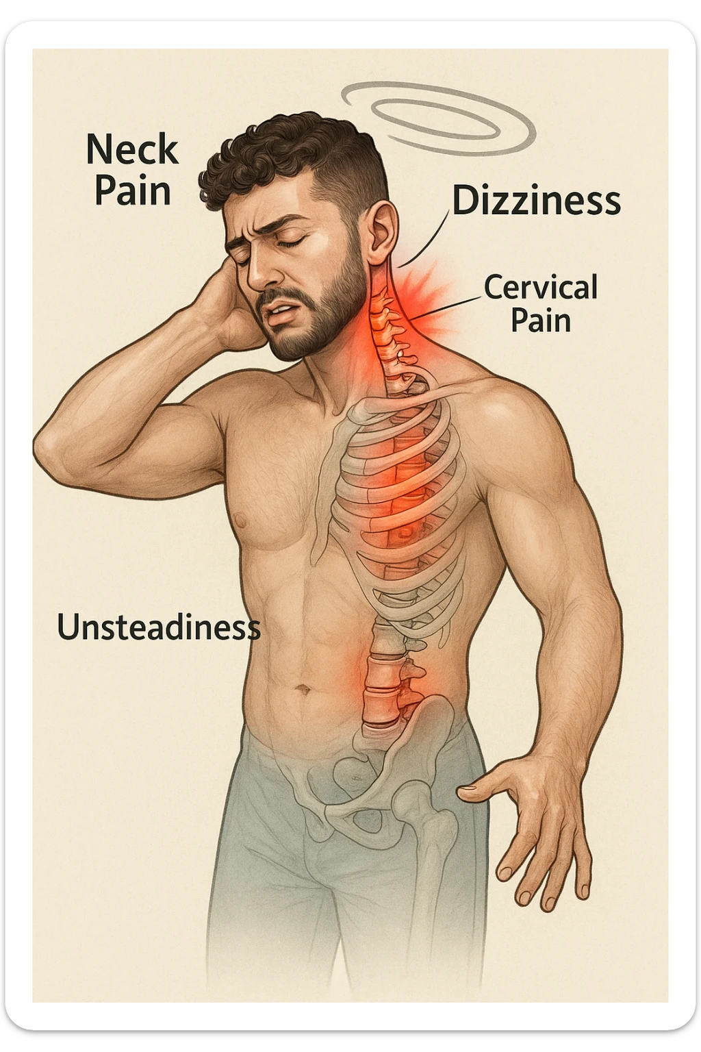 Uomo con dolore per infortunio vista anatomica in piedi con dolori cervicali vertigini e sbandamenti sticker