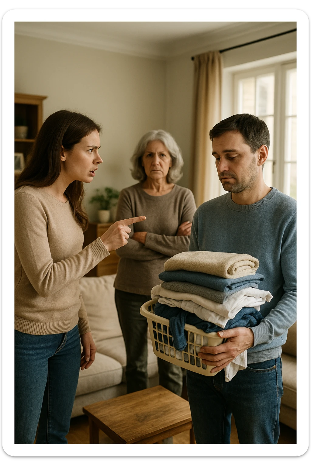 a woman stands assertively in the center of a living room, giving clear instructions to her partner. The man, with a submissive and resigned expression, follows her directions, perhaps holding household items or performing a chore. Behind them, an older woman (the mother-in-law) stands with crossed arms and a disapproving look, watching the scene unfold. The lighting is natural, and the atmosphere is tense but realistic. sticker