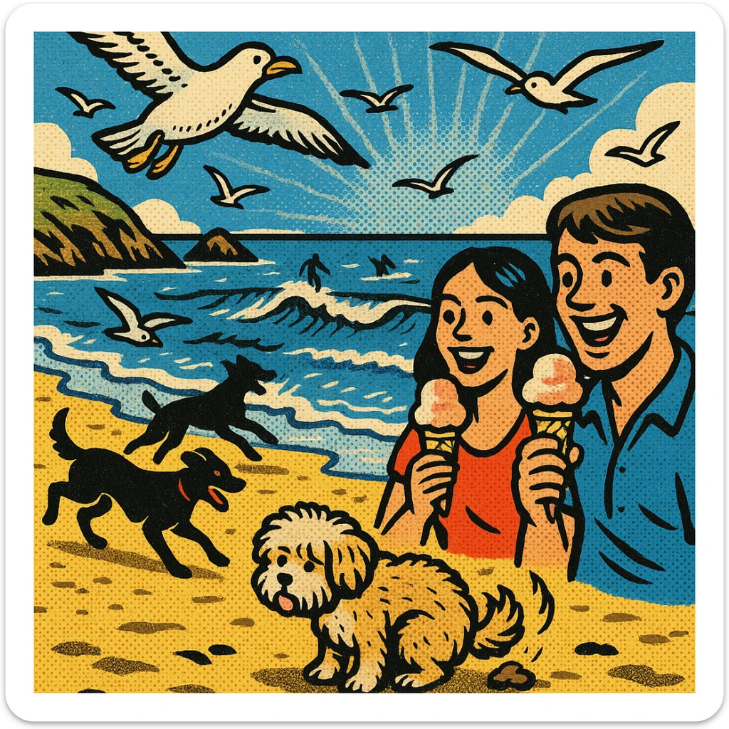 A landscape image of a beach in cornwall with seaguls, dogs playing on the beach, people eating icecream, waves, surfers in the sea and a small fluffy dog having a poo on the sand sticker