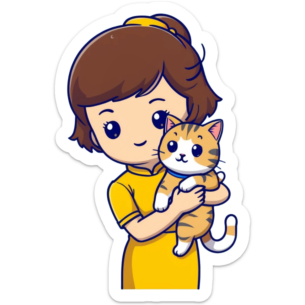 girl with brown hair and bangs wearing yellow qipao with a gray tabby cat sticker