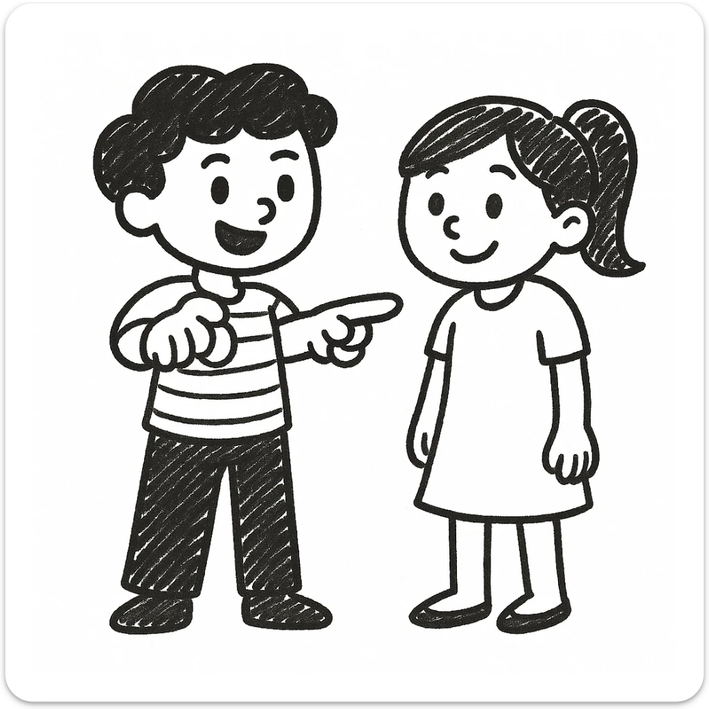 Edit the image of the little boy in the doodle style, keeping the character details exactly the same, but now have him pointing at a girl next to him. Maintain the doodle style look and feel. sticker