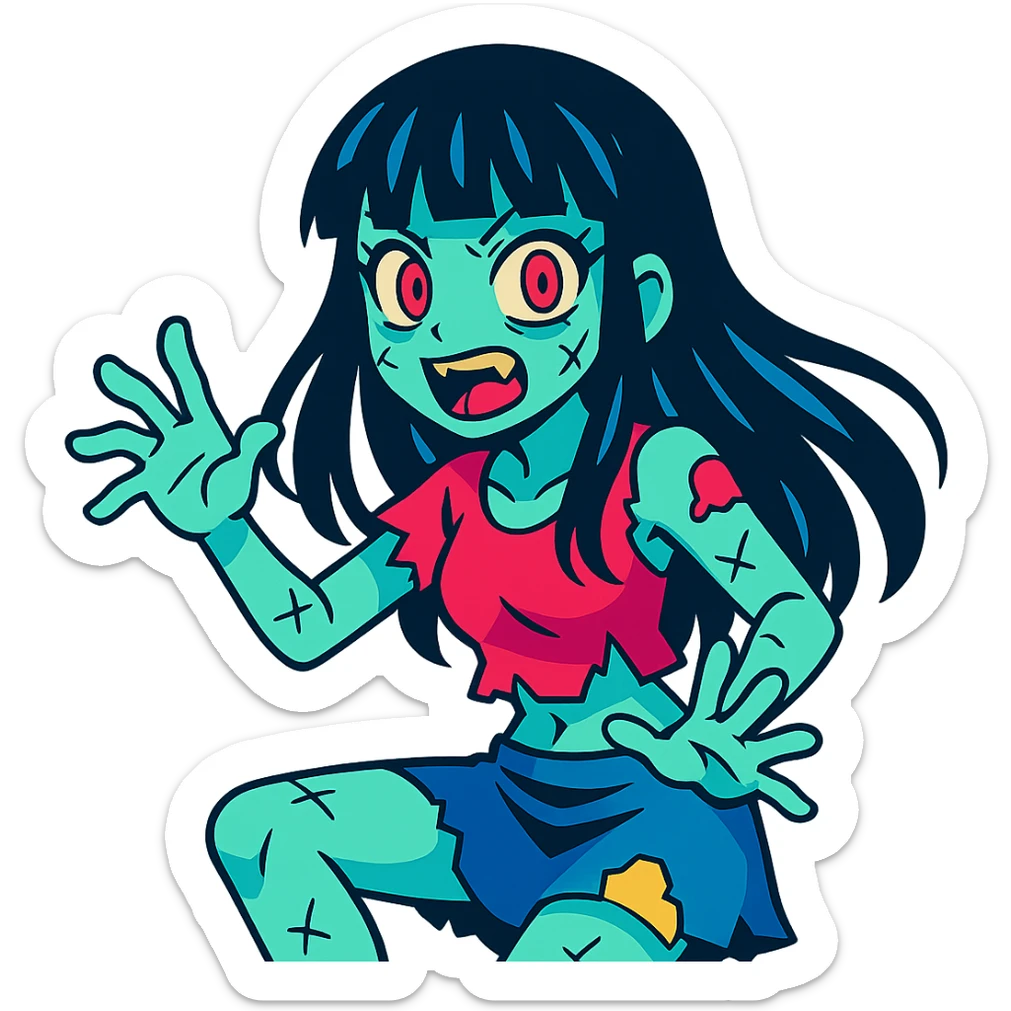 vibrant anime style zombie girl with light skin, long black hair with bangs, colorful and dynamic sticker