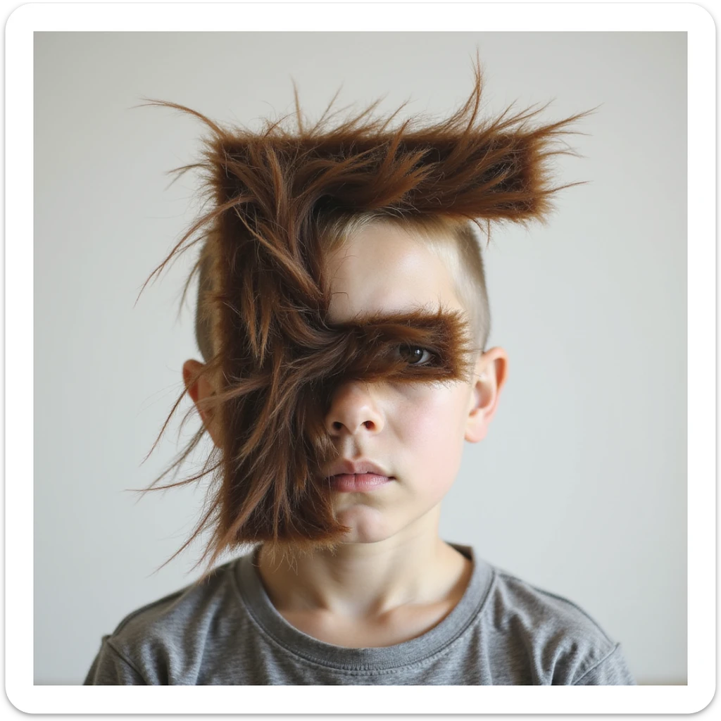 photorealistic portrait of a kid whose head is formed in the shape of the letter F, blending realism and subtle letterform sticker