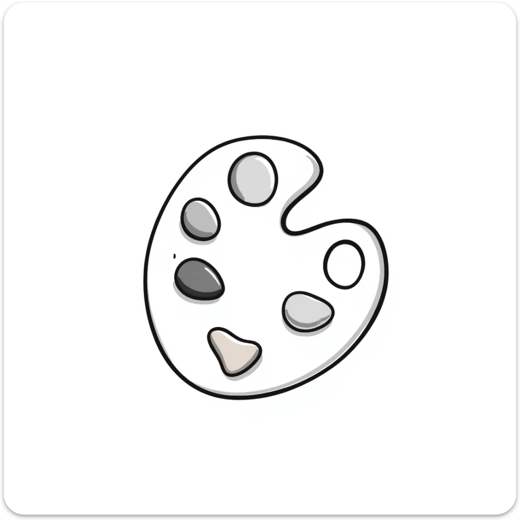 Detailed artist's paint palette with thumb hole and paint colors in specific pastel colors (dd9fb0, ffc6d3, a3bfc9, c4bee2, f1b091). Hand-drawn doodle style with intricate details. The palette should have paint blobs of each color clearly visible. sticker