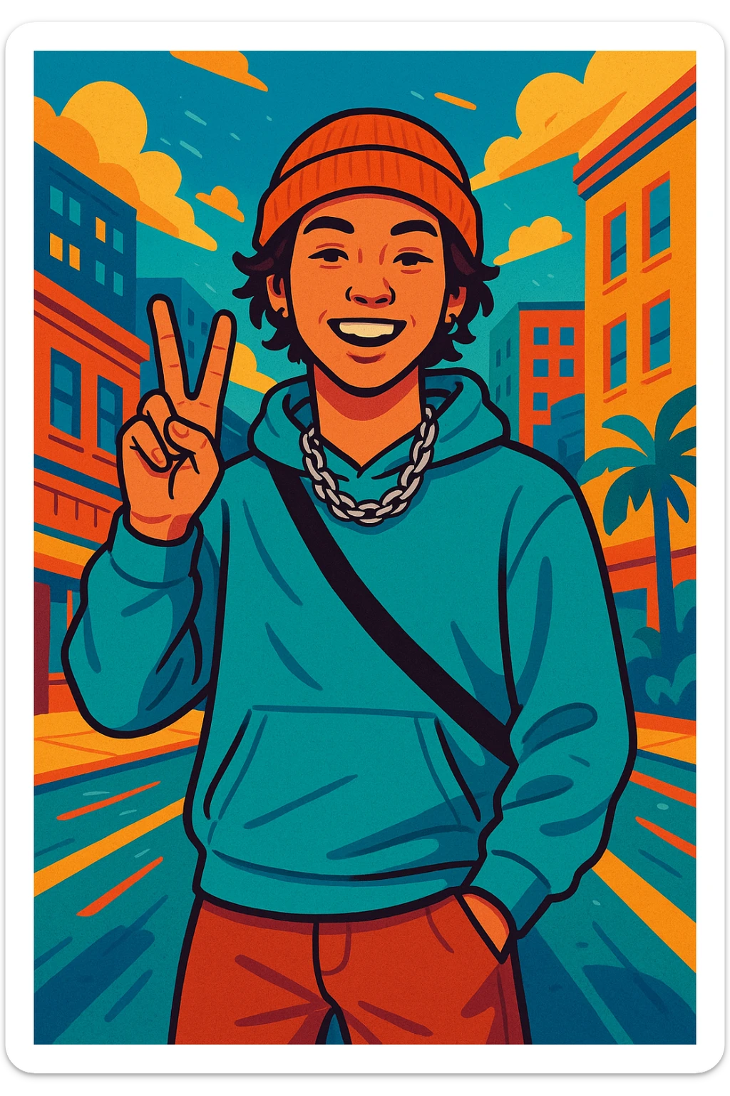 gender-neutral young person, Gen Z style, flashing a peace or victory sign sticker