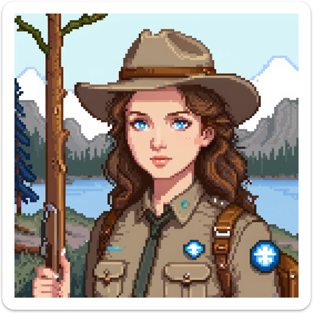 white woman park ranger with brown hair and blue eyes in a nature background sticker