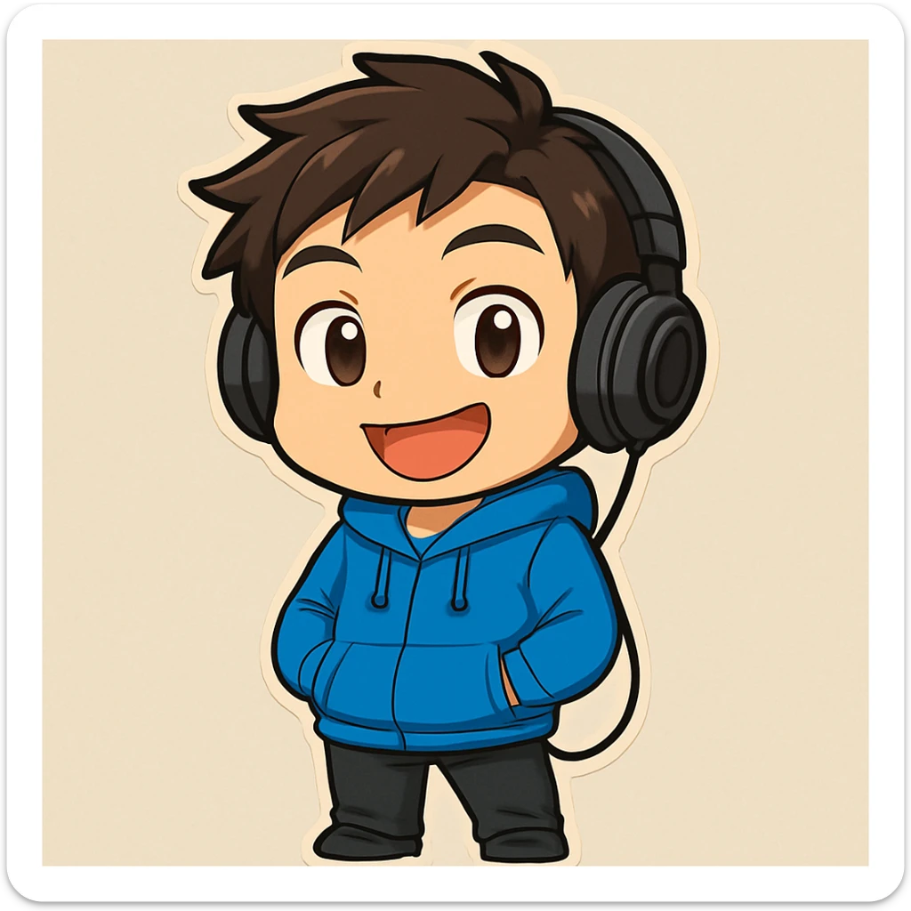 Make the chibi anime male character's smile bigger, show the full body from shoes to head, use more vibrant colors for the clothes, keep the hoodie and pants, but make the hoodie a lighter blue. Keep the style chibi anime and the character cool, smiling, hands in pockets, with wired headphones. sticker