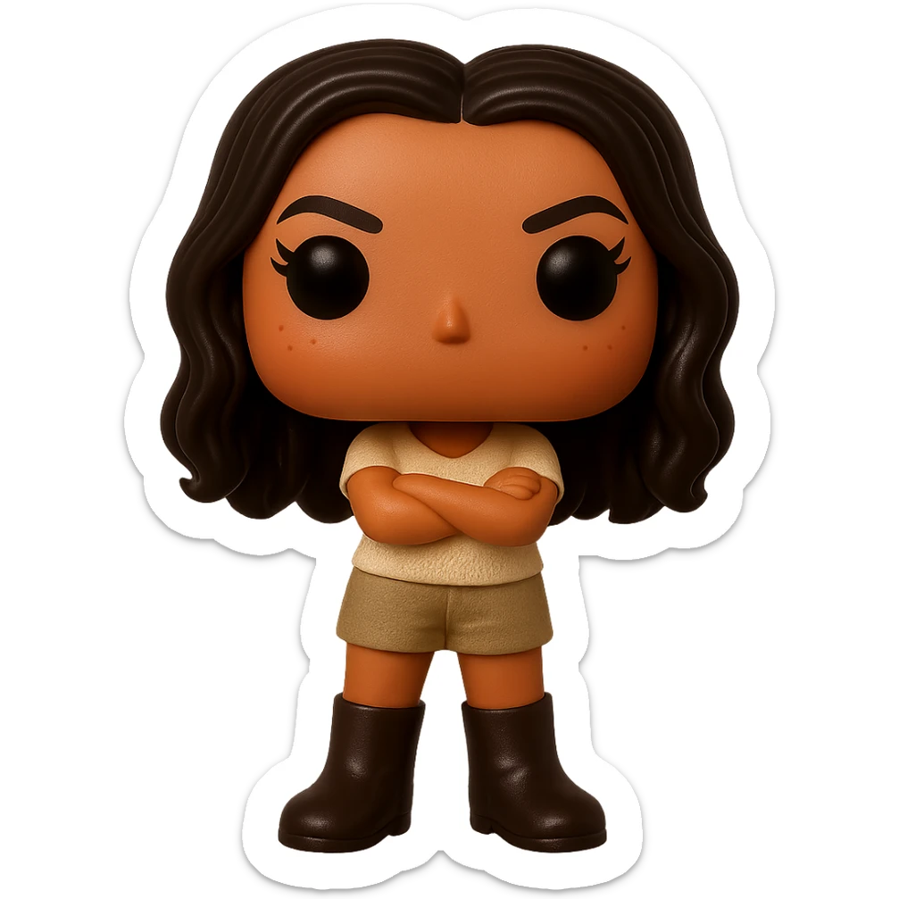 Enhance the quality of the image with smooth tanned skin, dark hair with subtle auburn highlights, even darker leather boots, textured clothing (cream top, greige bottom), arms crossed, rosy cheekbones, very subtle freckles, no neck visible, eyebrows with a mischievous and playful expression, no mouth, transparent background. Maintain the original style and details from the reference image. sticker