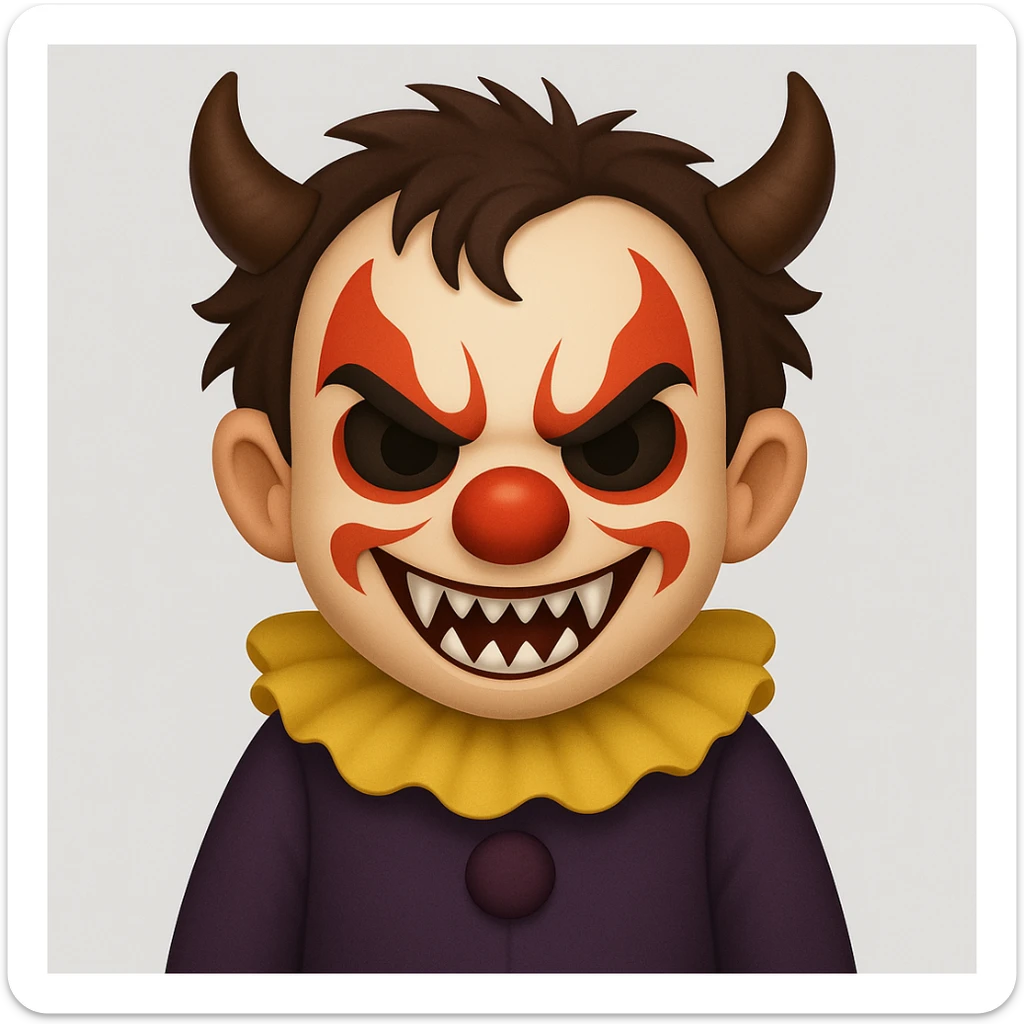 Render a child demonic clown with horns and fangs in the style of apple emojis, keeping the spirit and expression of the original character. sticker