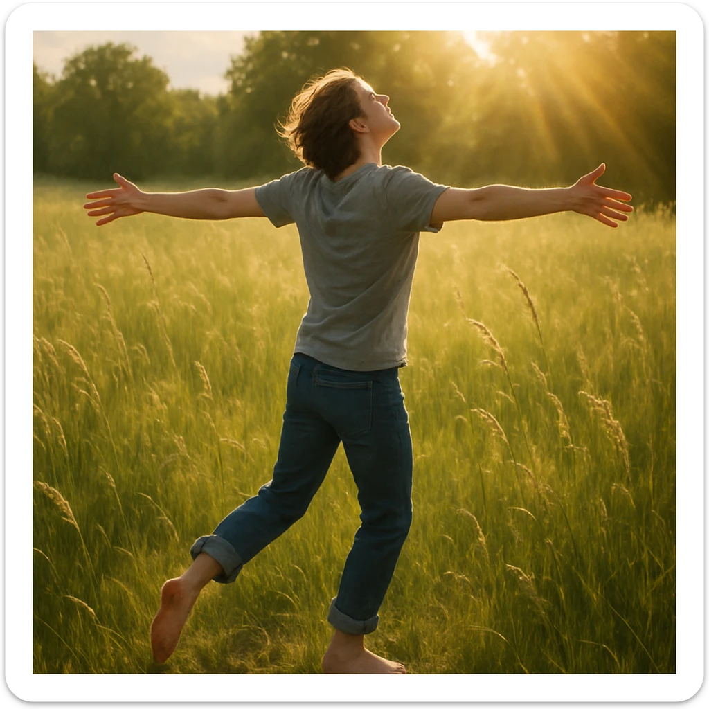 A person in casual clothes, barefoot, spinning with arms wide open in a field of tall grass, sunlight streaming, realistic style sticker