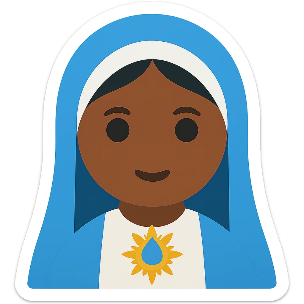 Edit the image of Virgin Mary to have deep tanned skin with simplified emoji traits, a round face, minimal details, large eyes, and a small mouth. Remove the background. The style should resemble a simplified emoji look with minimal details and a clean appearance. sticker