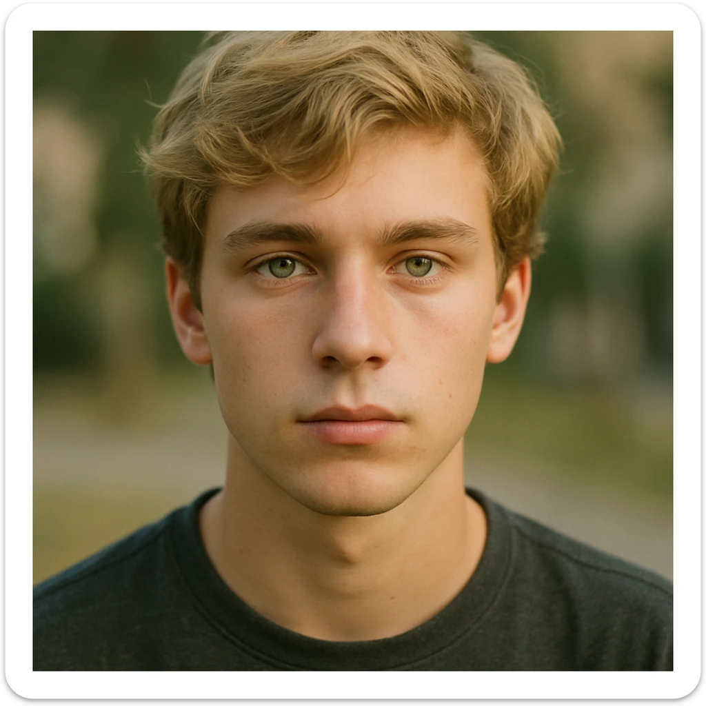 retrato realista de un chico joven, pelo rubio, ojos verdes, fondo desenfocado sticker