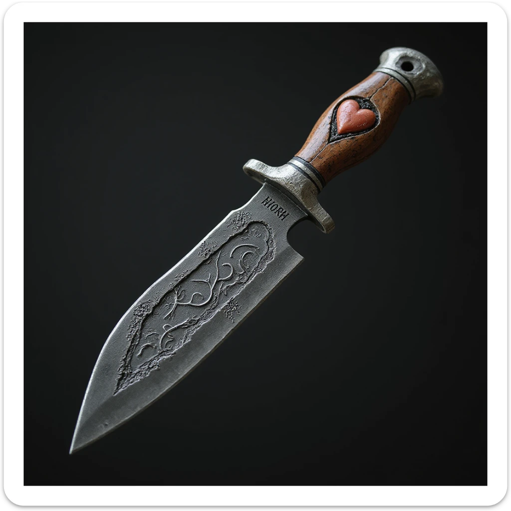 realistic gothic knife, with a heart motif, photorealistic style, no background sticker