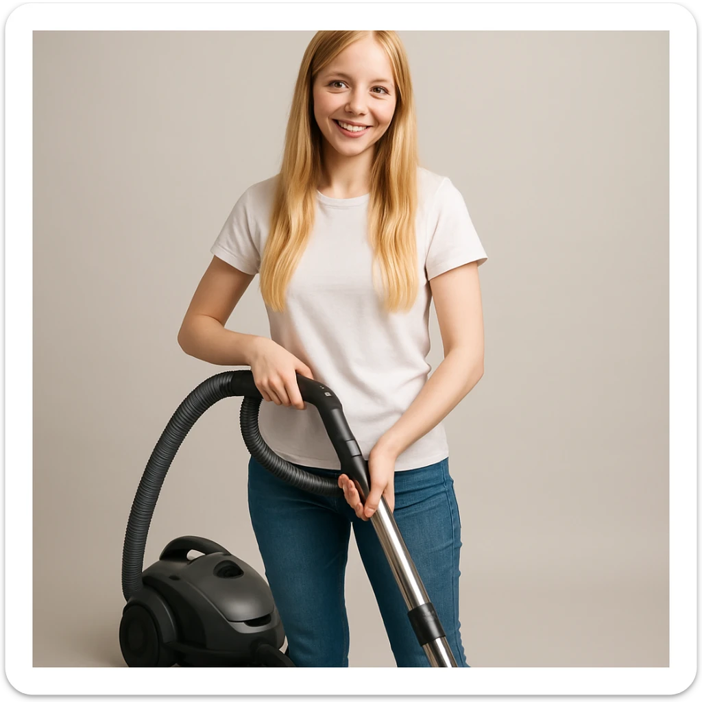 white girl with blonde hair holding a vacuum cleaner, style 1 sticker