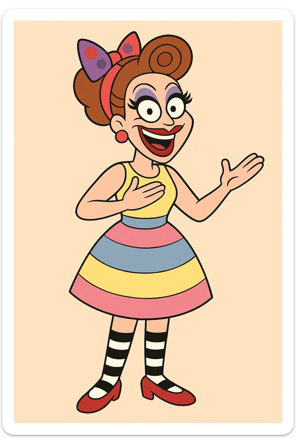 Bianca Del Rio red and purple spots hair ribbon yellow pink blue and Stripes dress black and white stripes socks red shoes  sticker