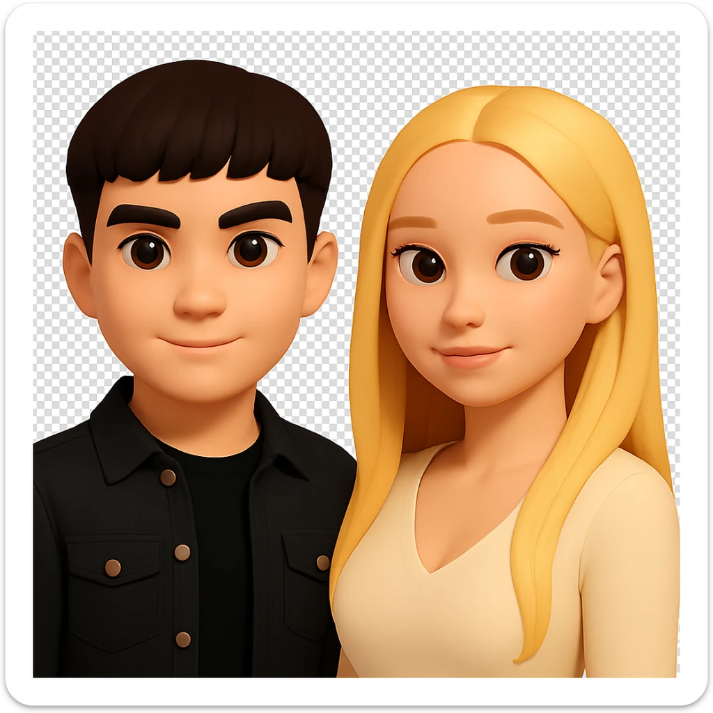 Slightly increase the volume of the upper body of the girl, separate the girl and the boy from each other, and make the skin color the same for both characters. Maintain the cartoon style and transparent background as in the original image. sticker