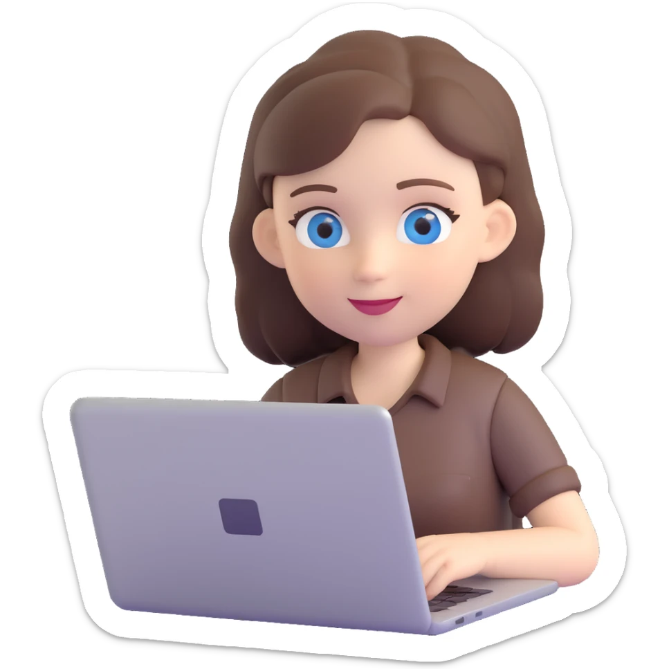 girl with brown hair and blue eyes, working on a laptop, white skin, friendly expression sticker