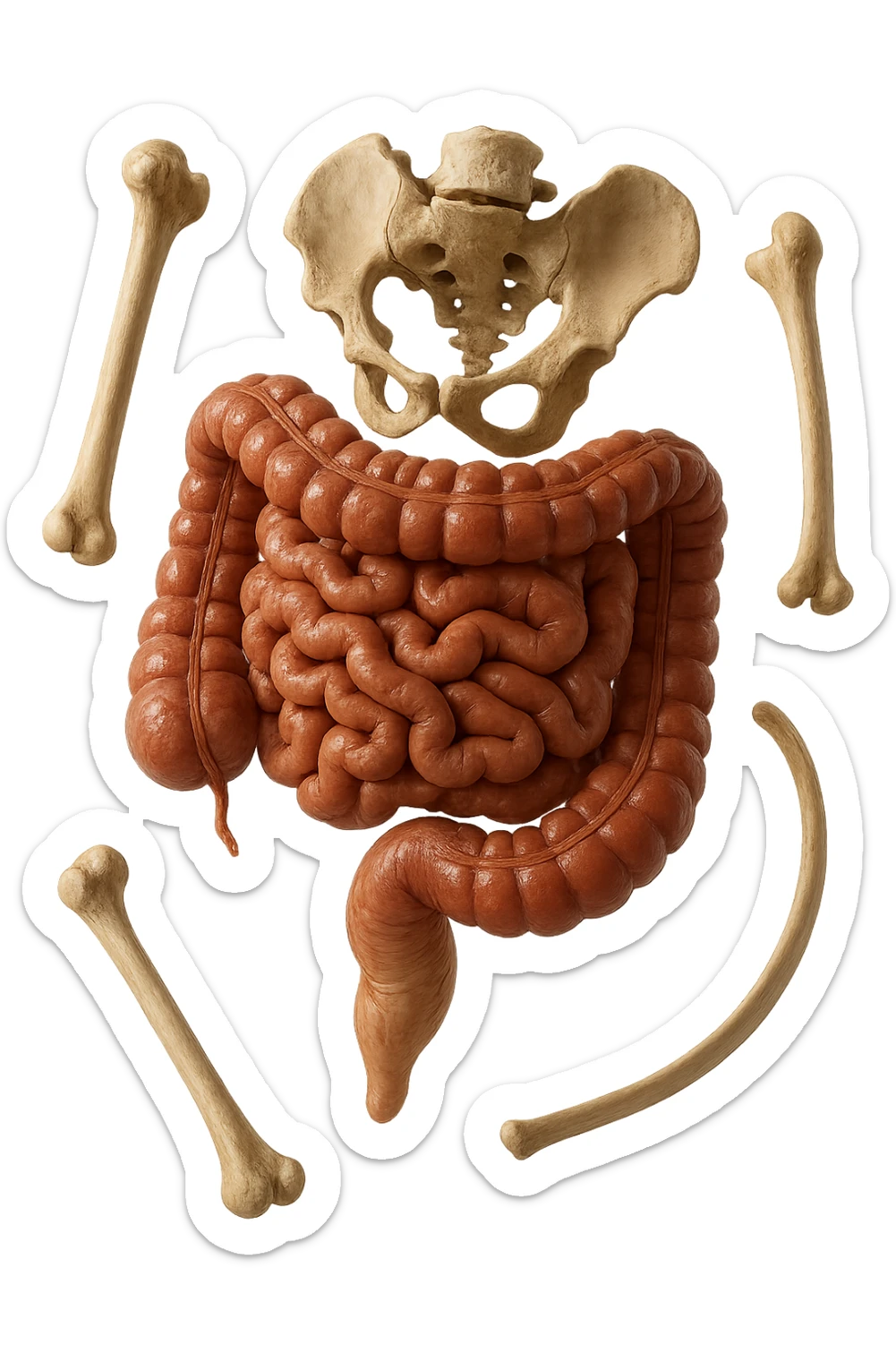intestino umano anatomico e ossa umano anatomico fluttuano in aria, iperrealistico 4k sticker