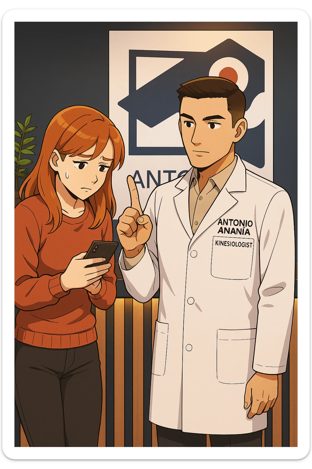 su questo stile fai un manga/webtoon a colori in cui una donna CONTROLLA LO SMARTPHONE MENTRE PARLA CON L'UOMO, l'uomo della foto in stile manga LE DICE DI "NO" CON IL DITO, mantieni un ambiente simile alla foto che ho allegato con il suo logo (sarebbe il suo studio, lui è un kinesiologo), scrivigli "ANTONIO ANANIA" sul camice bianco, non mettere fumetti, ma fai in modo che sembri che la donna CONTROLLI LO SMARTPHONE E L'UOMO CON I GESTI LE FACCIA CAPIRE CHE STA SBAGLIANDO sticker