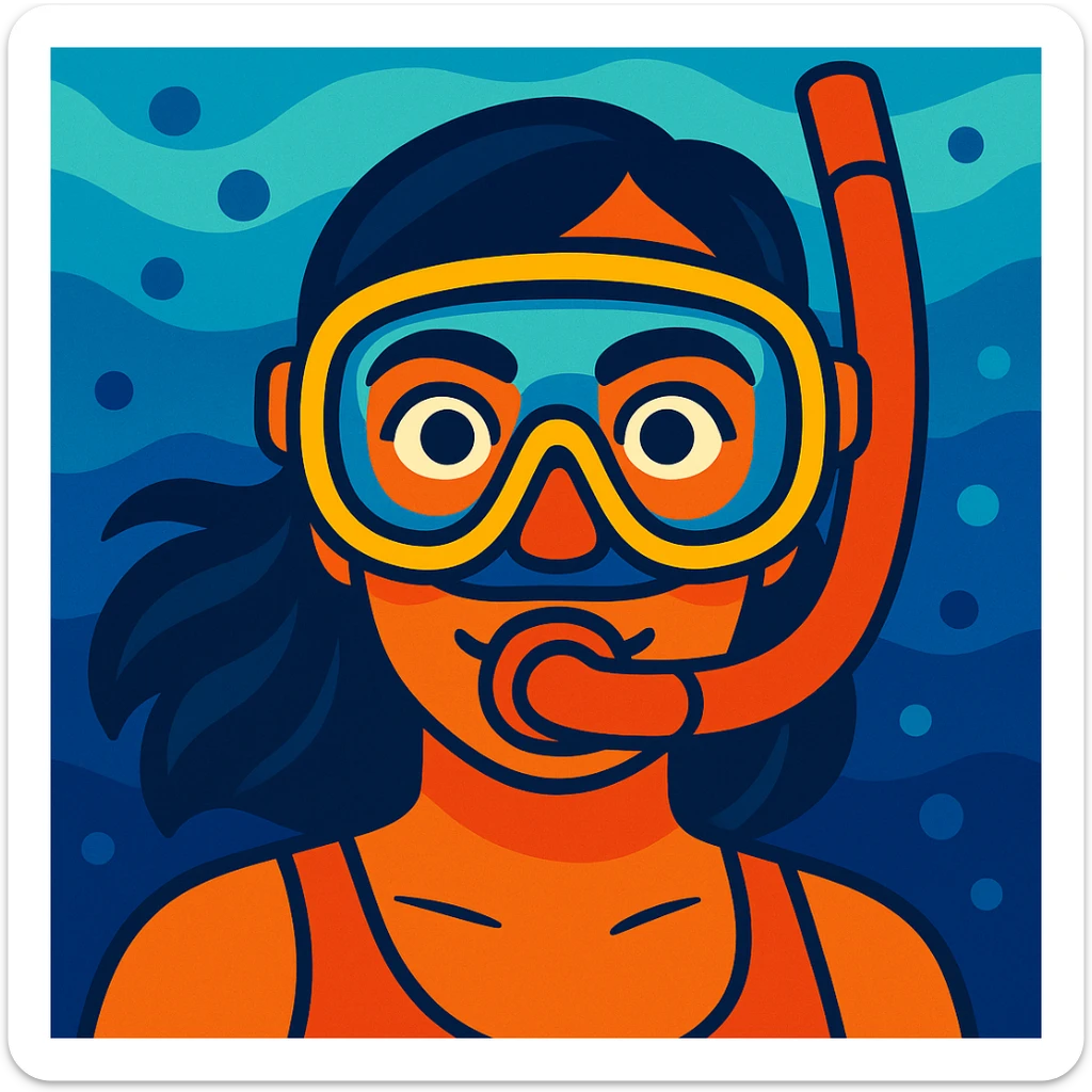 illustration of a woman wearing a snorkeling mask, face visible, mask and snorkel emphasized sticker