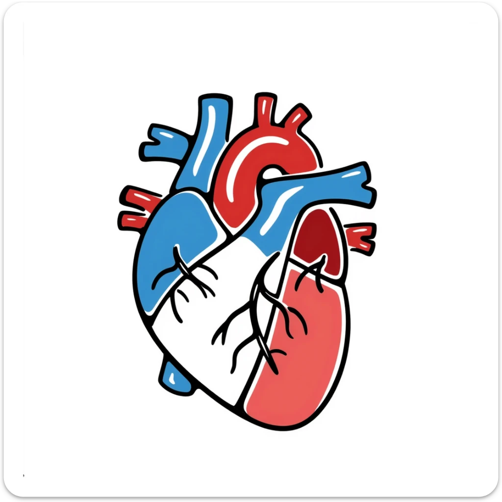 A hand-drawn anatomical heart with detailed chambers and arteries in medical diagram style, showing blue veins and red arteries, with clear internal structure, oxygenated blood in red and deoxygenated blood in blue sticker