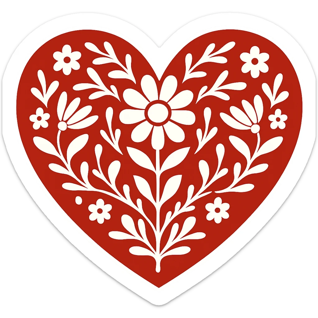 Add a white outline around the motif so it stands out against the red heart. Keep the motif simple and bold, maintain the red color and the border around the heart. The style should be Scandinavian folk art. Transparent background. sticker