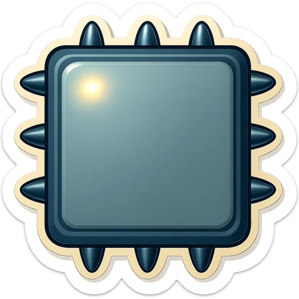 Make all spikes on the side edges of the metal slab short, fat, and very pointy triangular. Each spike should point directly up, down, left, or right (perpendicular to the edge it is on). Keep the head-on view, retro sticker style, and transparent background. sticker