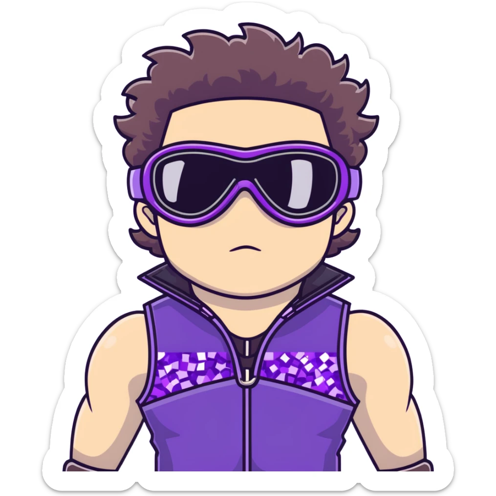 close-up of bad guy male athlete with white skin and moderately curly dark brown hair on top with shaved sides, wearing ski goggles with purple frames and very dark black lenses, a simple plain black chain necklace, and a completely unzipped sleeveless vest with purple and black sequin fire pattern design with no logo, with an extremely arrogant sneer on his face, looking menacing and villainous, exuding overconfidence and a threatening aura sticker