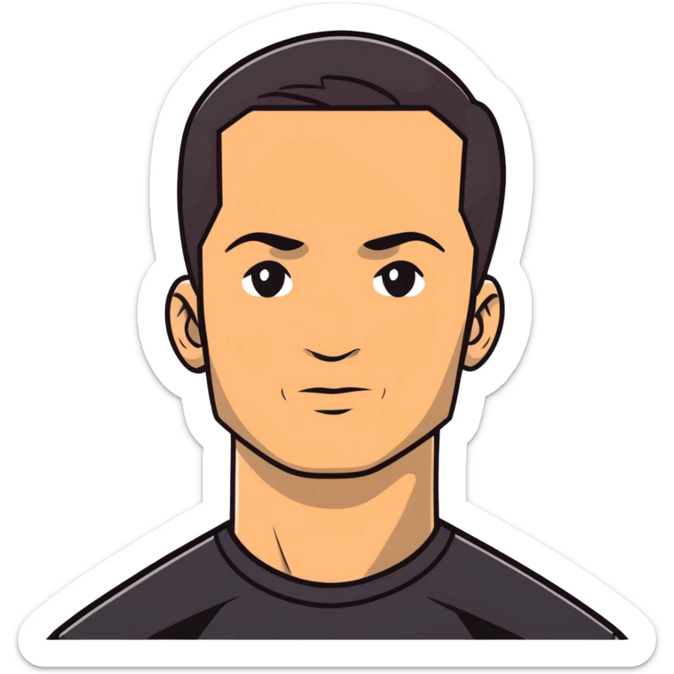 Attractive man in his 40s with youthful appearance, light brown skin, elongated face, defined jawline, medium dark eyes, arched eyebrows, straight nose, handsome friendly expression, short dark hair styled upward, athletic build, wearing a fitted black t-shirt sticker