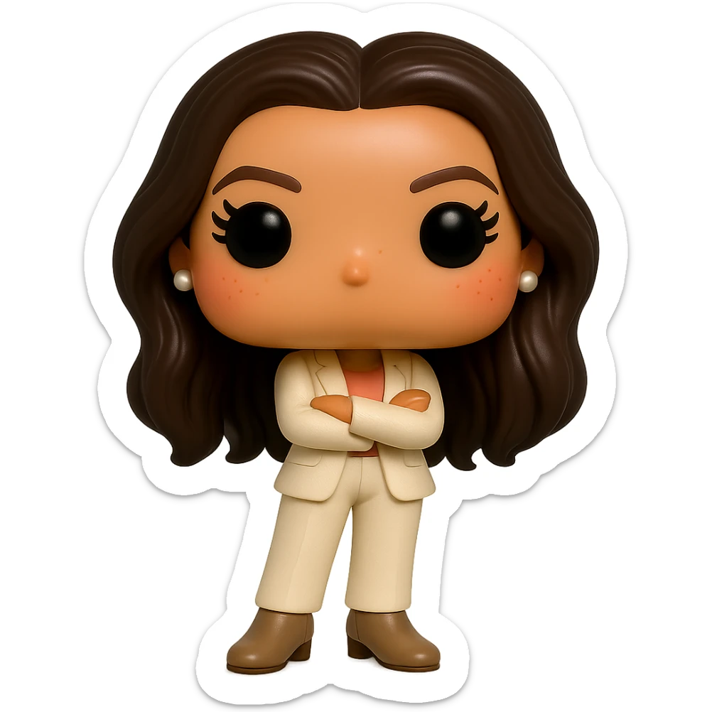 Create a Funko Pop style vinyl figure of Eva Longoria with ultra high quality details: luminous smooth tanned skin, extremely detailed dark hair, hyper-textured feminine cream suit (jacket and pants), small pearly earrings, greige leather boots clearly visible, arms crossed, rosy cheeks, very discreet freckles, eyelashes, mischievous and cheerful expression, no mouth, transparent background. sticker