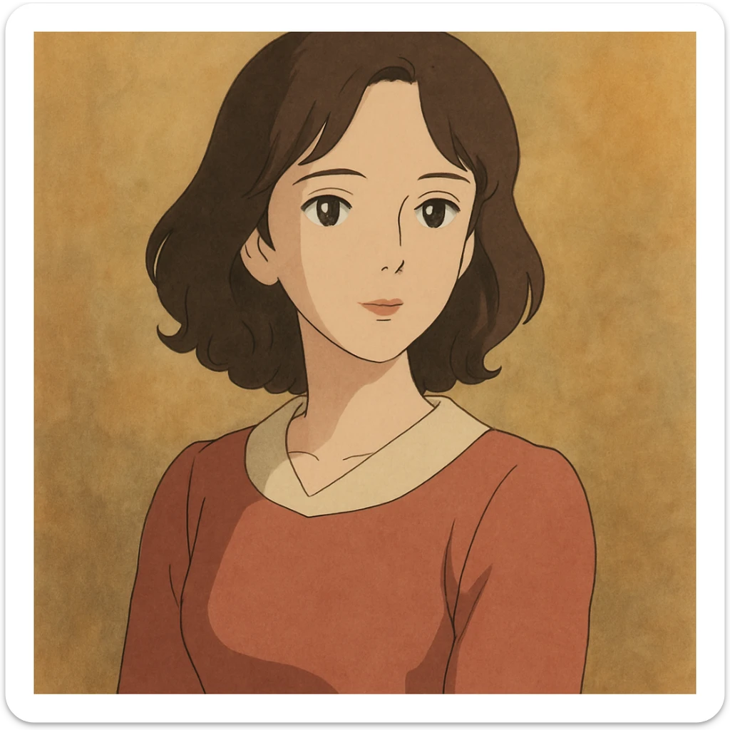 tasteful portrait of a brunette woman, soft lighting, elegant expression, color illustration, ghibli style sticker