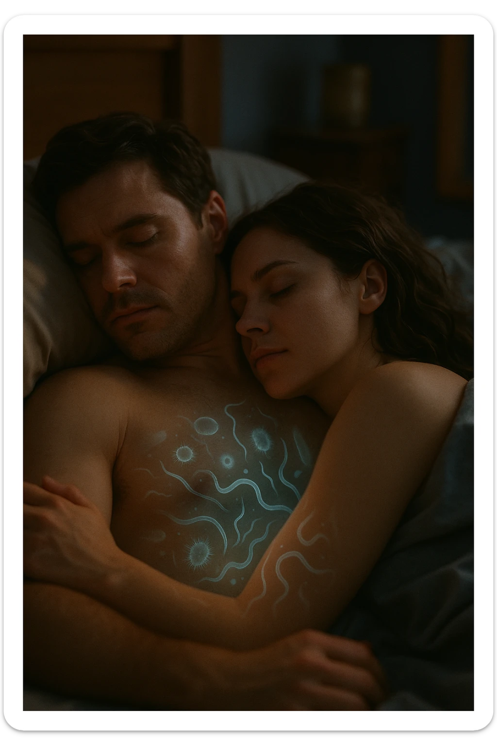 A hyper-realistic, cinematic image of a man and a woman sleeping together in the same bed under soft, dim night lighting, with their bodies close and touching. Their skin appears slightly illuminated where it touches, and under a subtle x-ray style overlay, faint ghostly silhouettes of microscopic parasites and worm-like organisms are visible crawling transdermally between their bodies, symbolizing silent, unnoticed parasite transmission during sleep. The environment is a cozy bedroom with warm tones, but the presence of the glowing parasites creates a slightly unsettling feeling, emphasizing the hidden danger. Their faces are calm, unaware, symbolizing the unconscious nature of the transmission. The image is detailed with a 35mm film hyperrealistic aesthetic, focusing sharply on the point of contact between their skin where the parasites pass, while the background remains softly blurred. The color palette uses muted warm browns and soft moonlight blues to maintain a nighttime, intimate feeling, contrasting with the translucent, glowing parasites to illustrate the hidden risk of transdermal parasite transmission while sharing a bed sticker