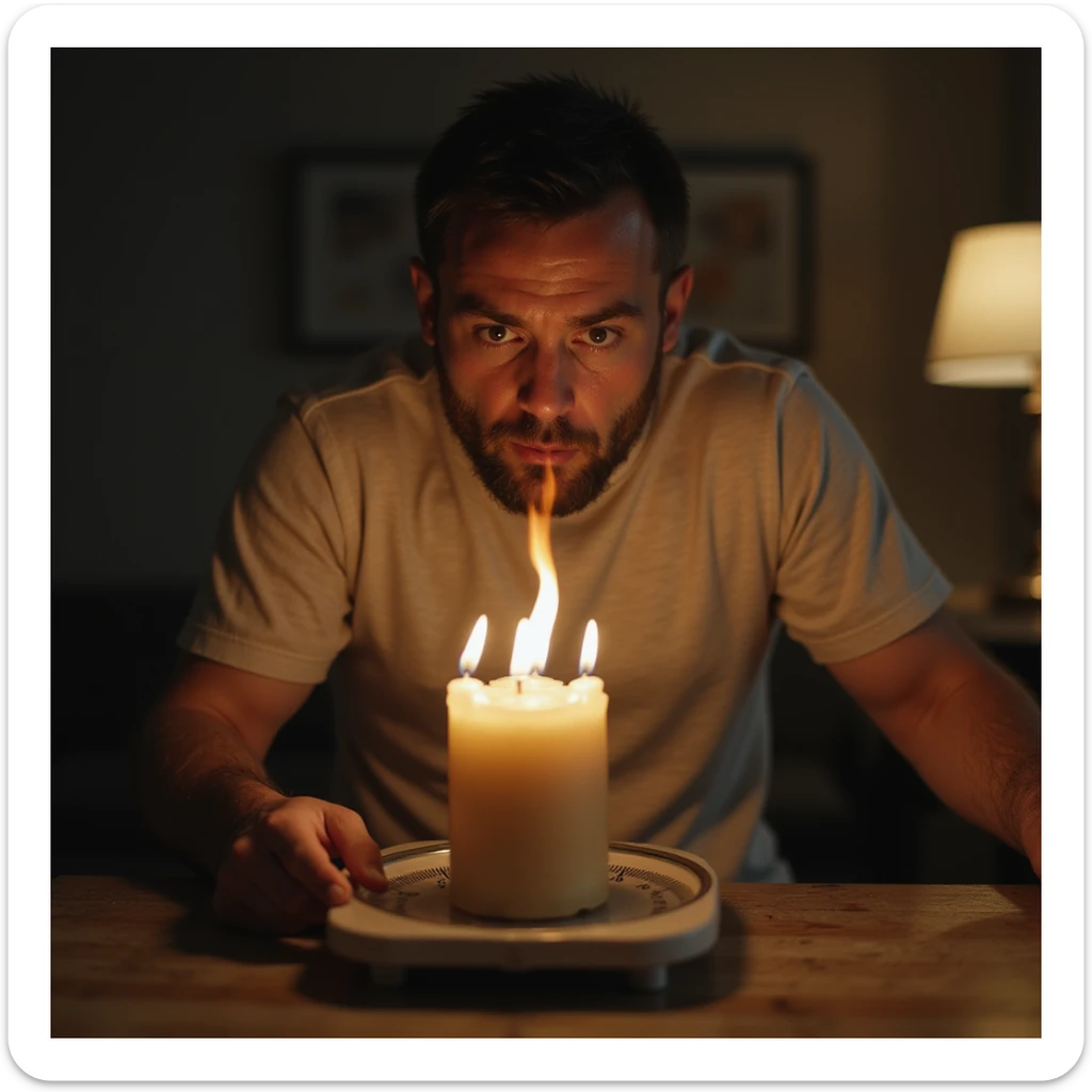 hyperrealistic 4K scene of a man blowing out candles and immediately weighing himself on a scale, surprised or worried expression, home environment sticker