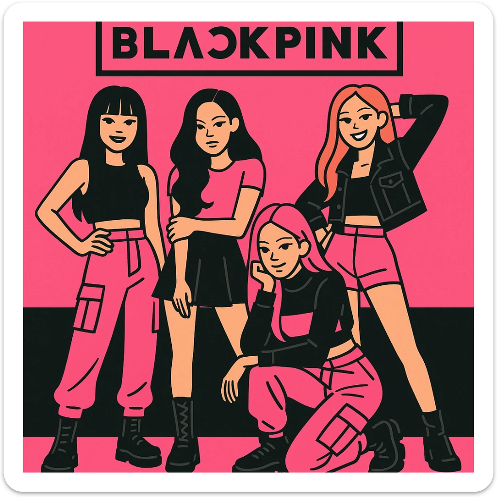 Blackpink K-pop group, pink and black color scheme, modern streetwear outfits, confident group pose, energetic vibe sticker