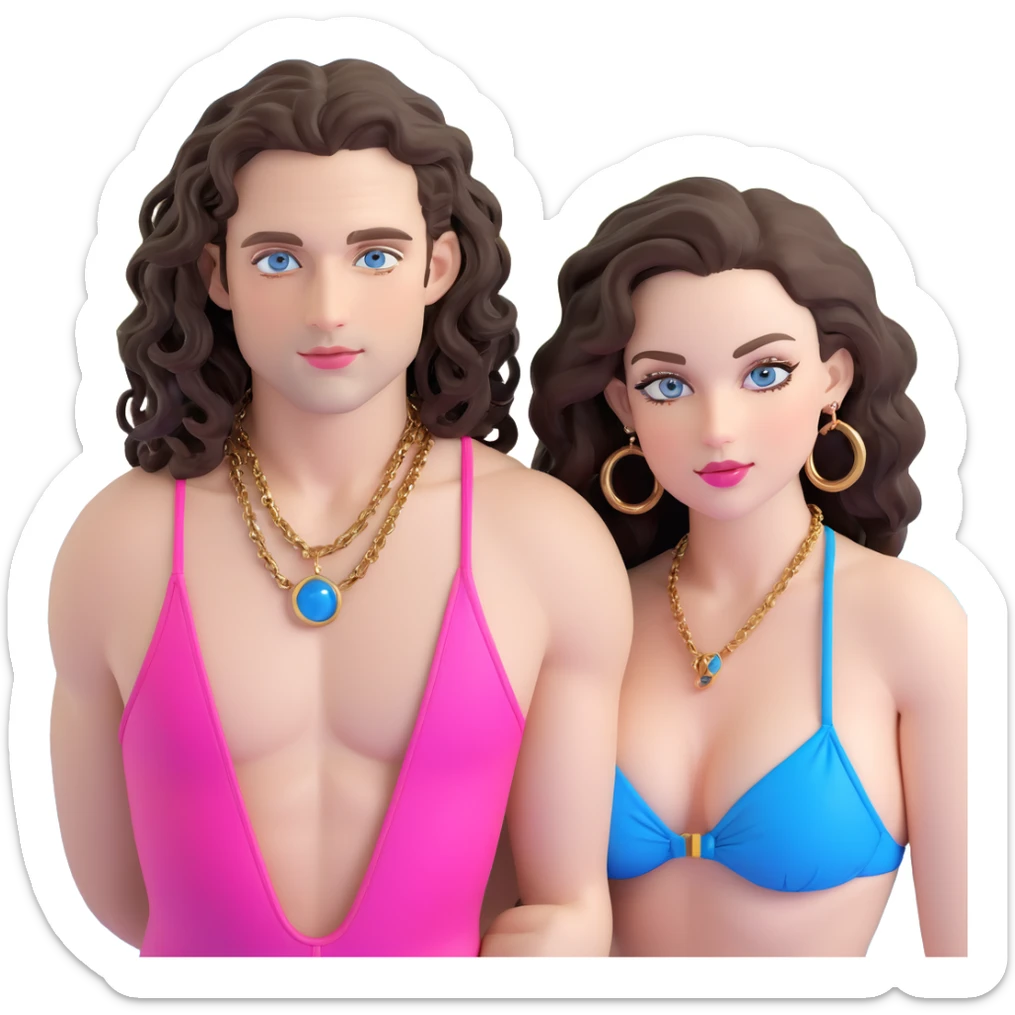 attractive couple on sunny beach, ocean background, curvier woman with fuller figure, big blue-grey eyes, long lashes, pale skin, pink lips, long voluminous dark brown curls, gold hoop earrings, tiny string bikini on her plumper body, next to handsome man with intense blue-grey eyes, chiseled features, pale skin, confident smirk, dark brown styled hair, gold chain, minimalist swimwear, both lounging on sand sticker