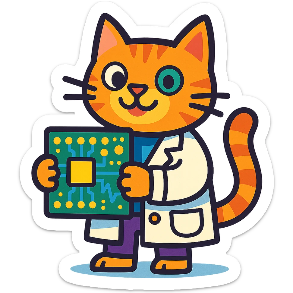 playful and colorful cat in a lab coat holding a circuit board sticker